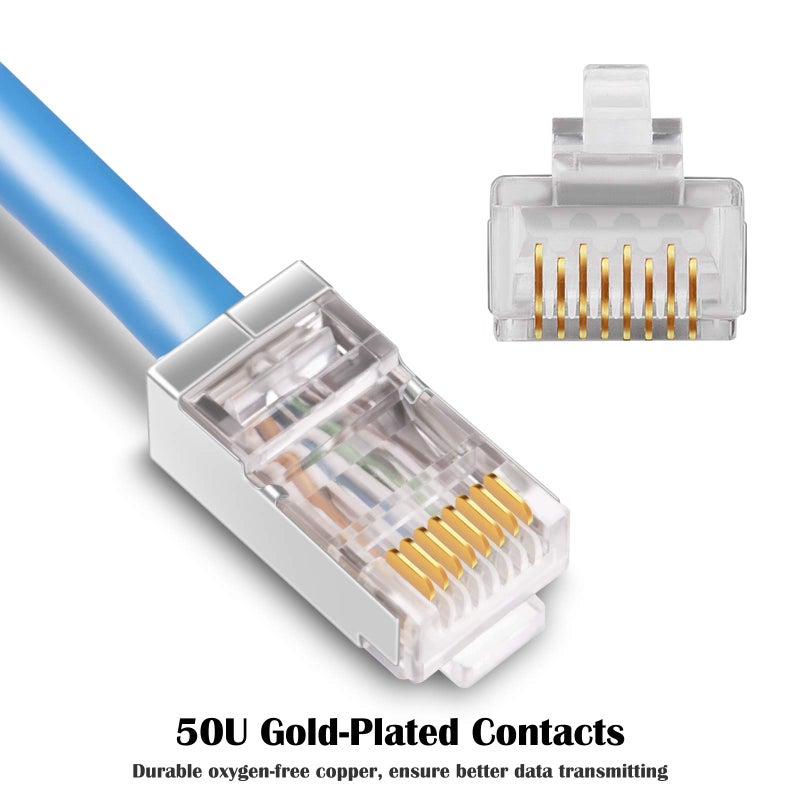 iGreely Shielded Cat6 RJ45 Connectors 50 Pack Gold Plated RJ45 Cat6/Cat5E/Cat5 8P8C 50 Micron 50u 3 Prong FTP STP Ethernet Cable Crimp Modular Plug - Image 3